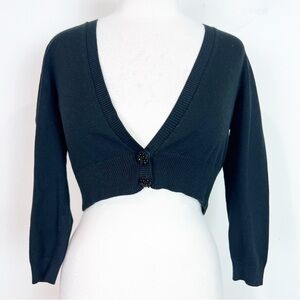 ANN TAYLOR BLACK 3/4 SLEEVE CROP CARDIGAN RHINESTONE BUTTON SWEATER SZ SMALL